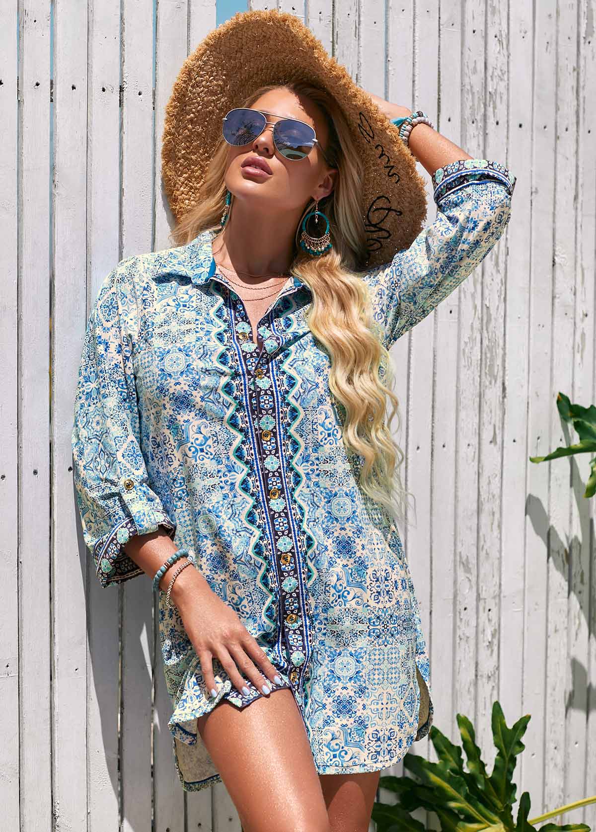 Blue swimwear,Tribal swimwear,Turndown Collar Printed 3/4 Sleeve Cover Up