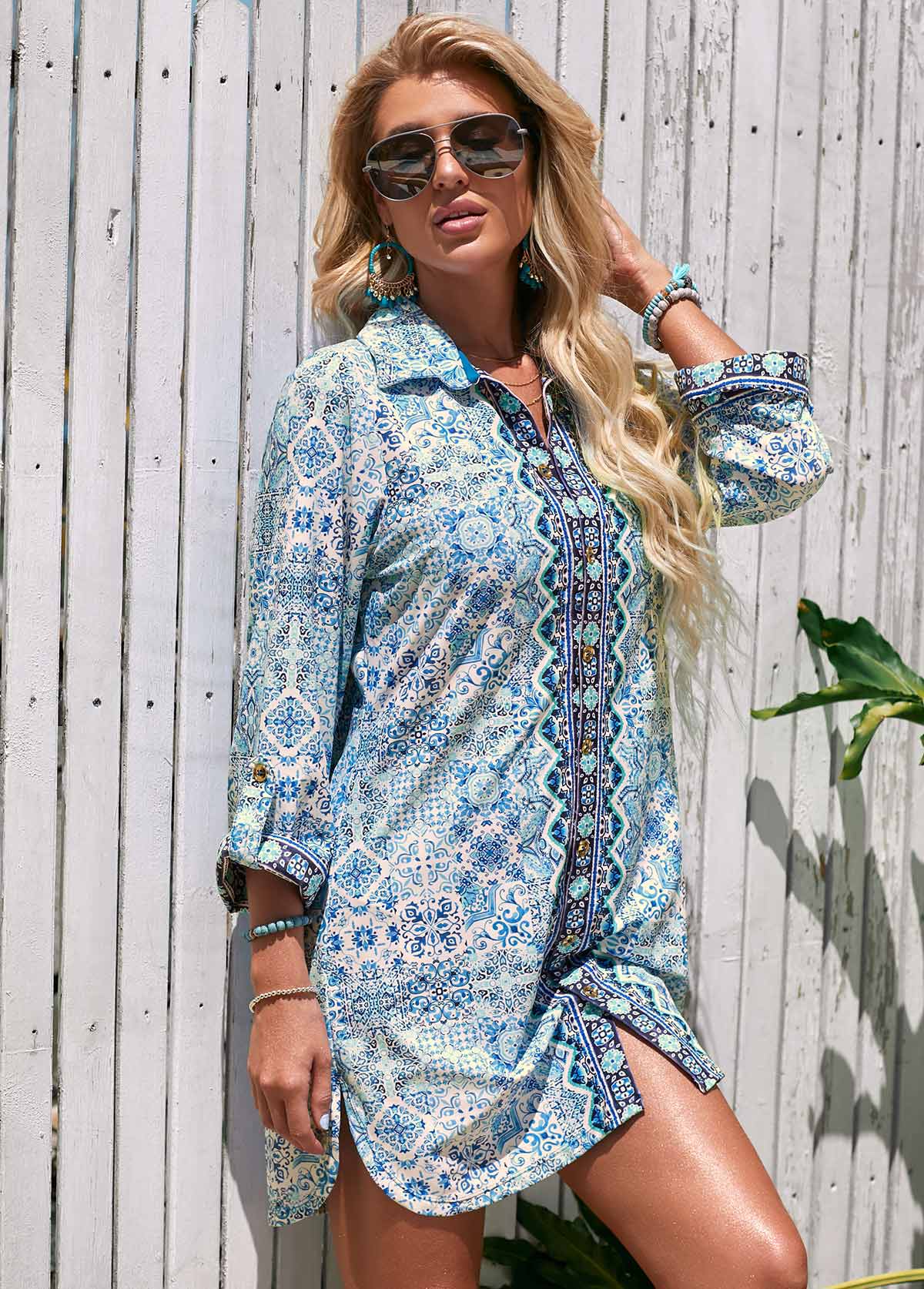 Blue swimwear,Tribal swimwear,Turndown Collar Printed 3/4 Sleeve Cover Up