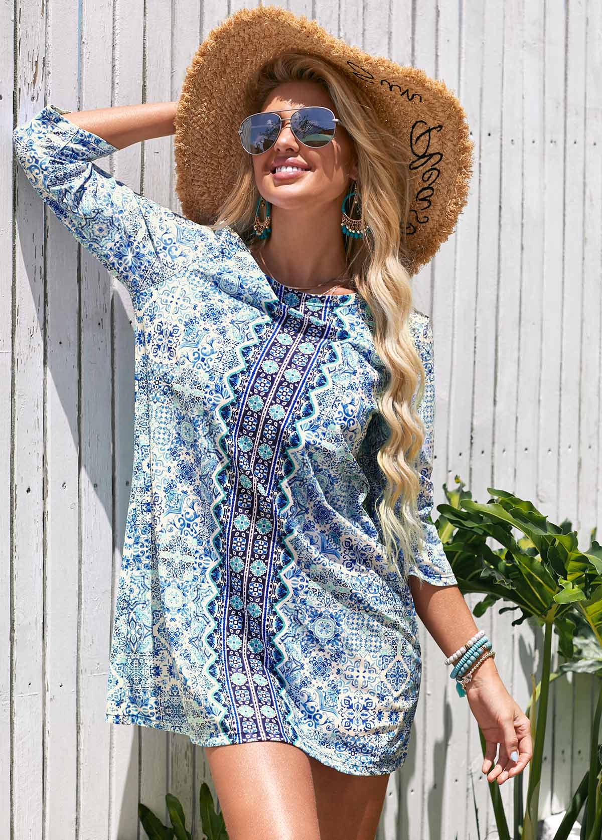 Blue swimwear,Tribal swimwear,Round Neck Printed 3/4 Sleeve Cover Up