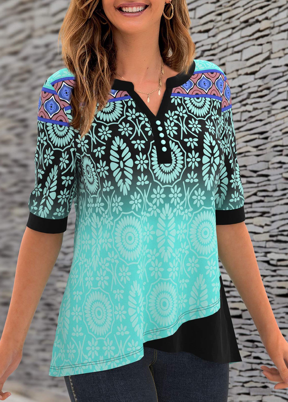 Cyan tops,Floral tops,ROTITA Split Neck Printed Button Detail T Shirt 