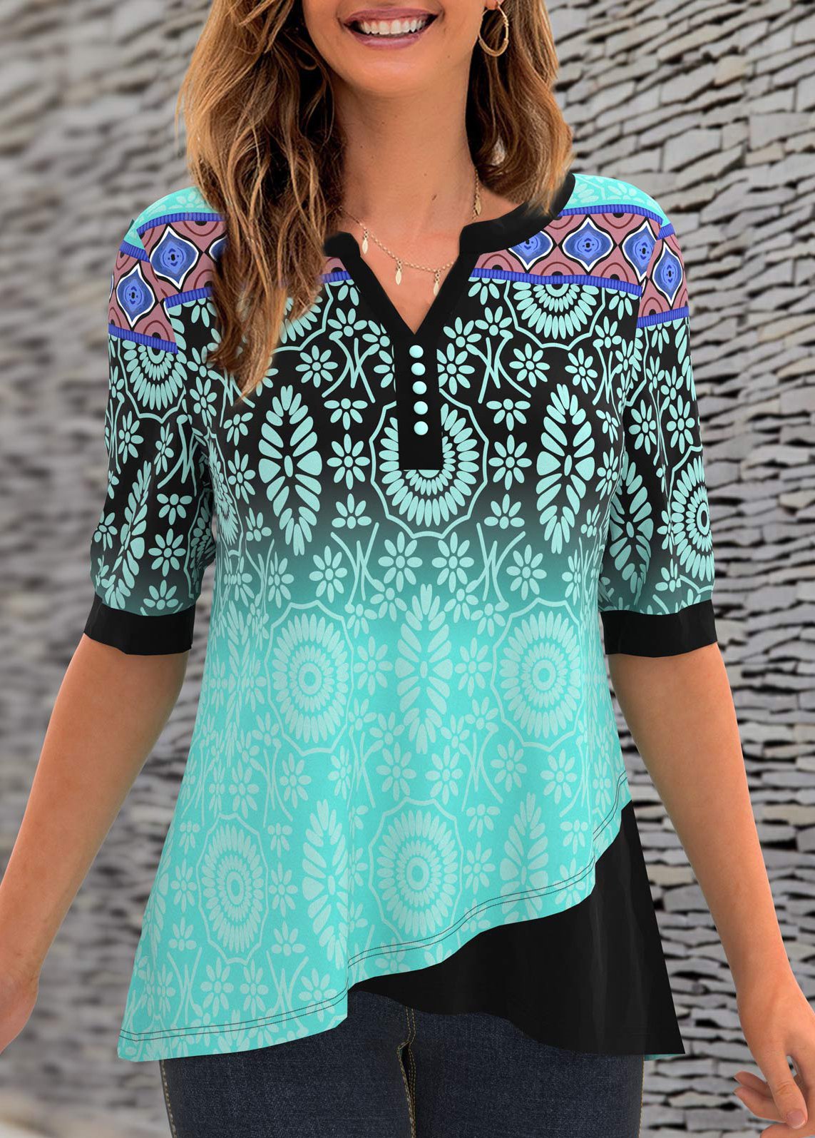 Cyan tops,Floral tops,ROTITA Split Neck Printed Button Detail T Shirt 