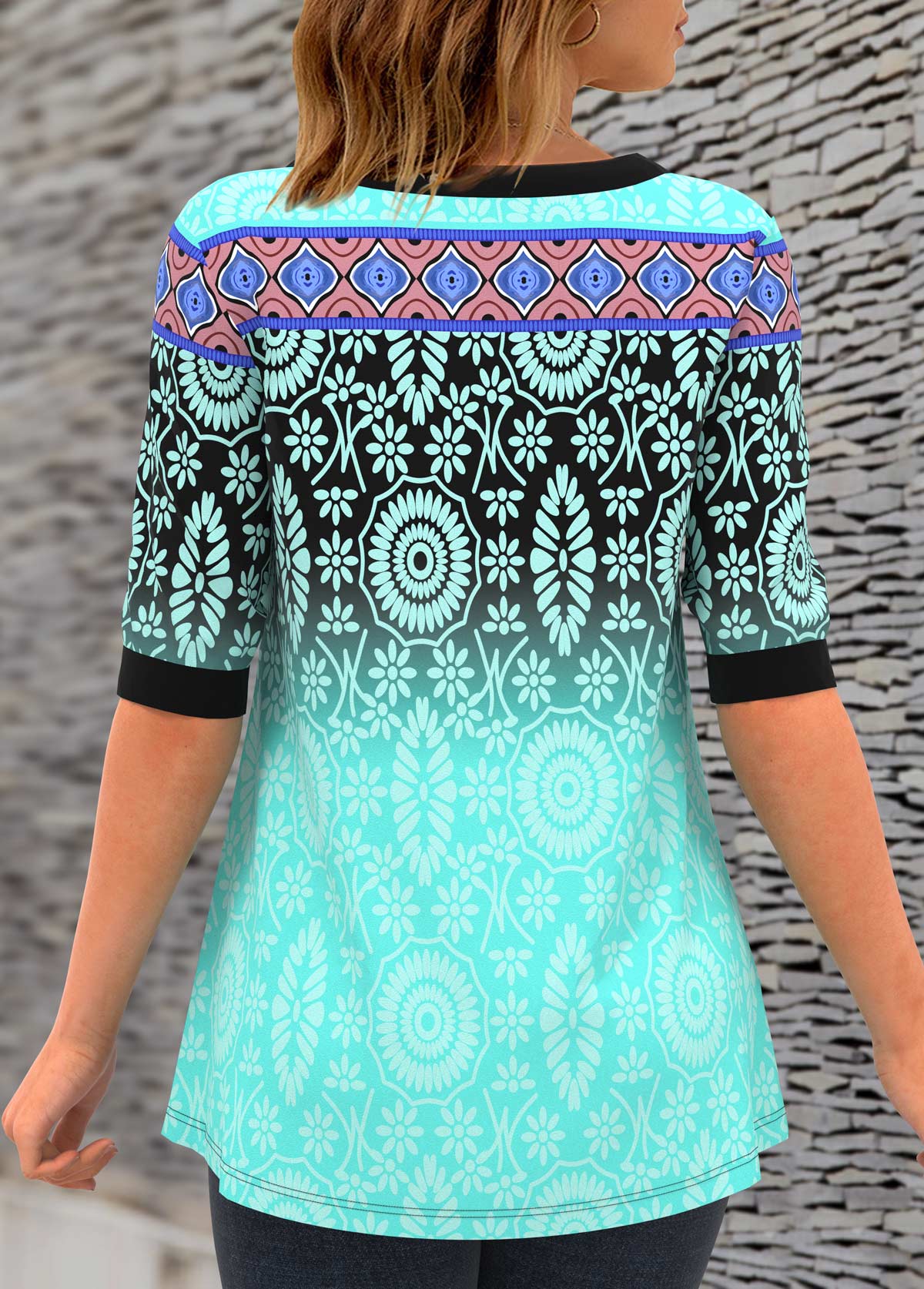 Cyan tops,Floral tops,ROTITA Split Neck Printed Button Detail T Shirt 