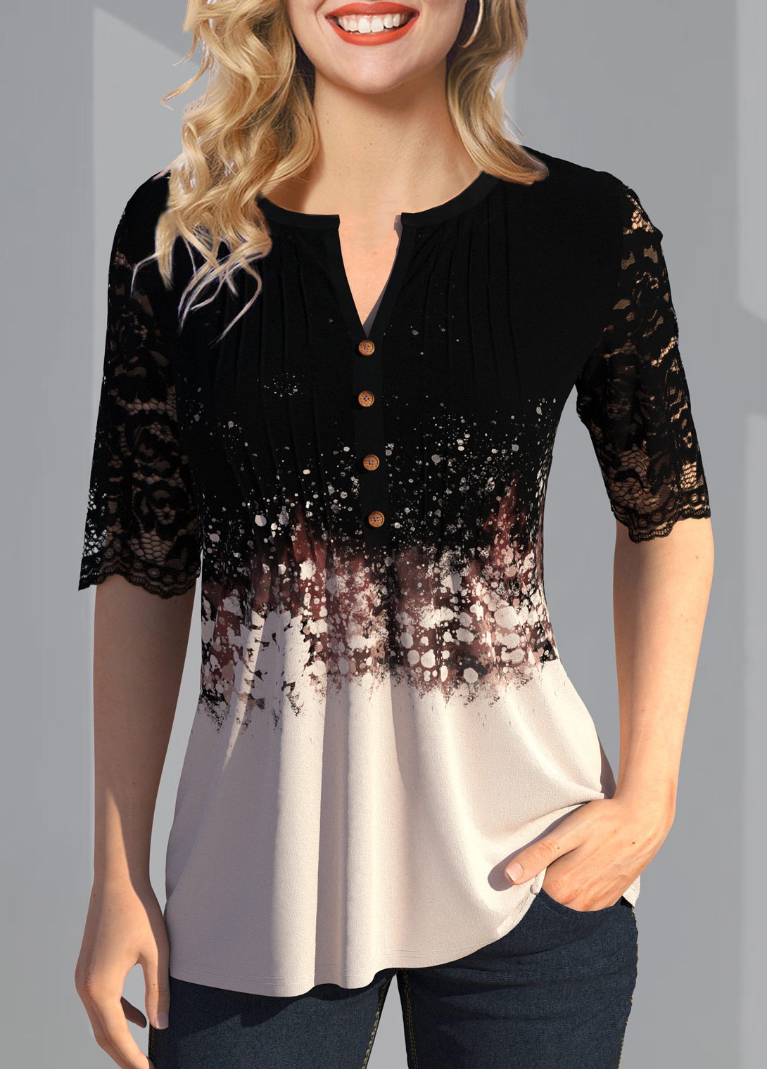 Black tops,Floral tops,ROTITA Lace Patchwork Button Detail Split Neck T Shirt