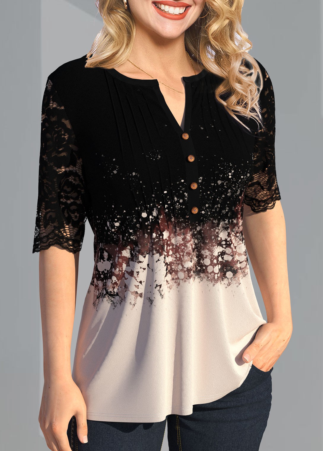 Black tops,Floral tops,ROTITA Lace Patchwork Button Detail Split Neck T Shirt