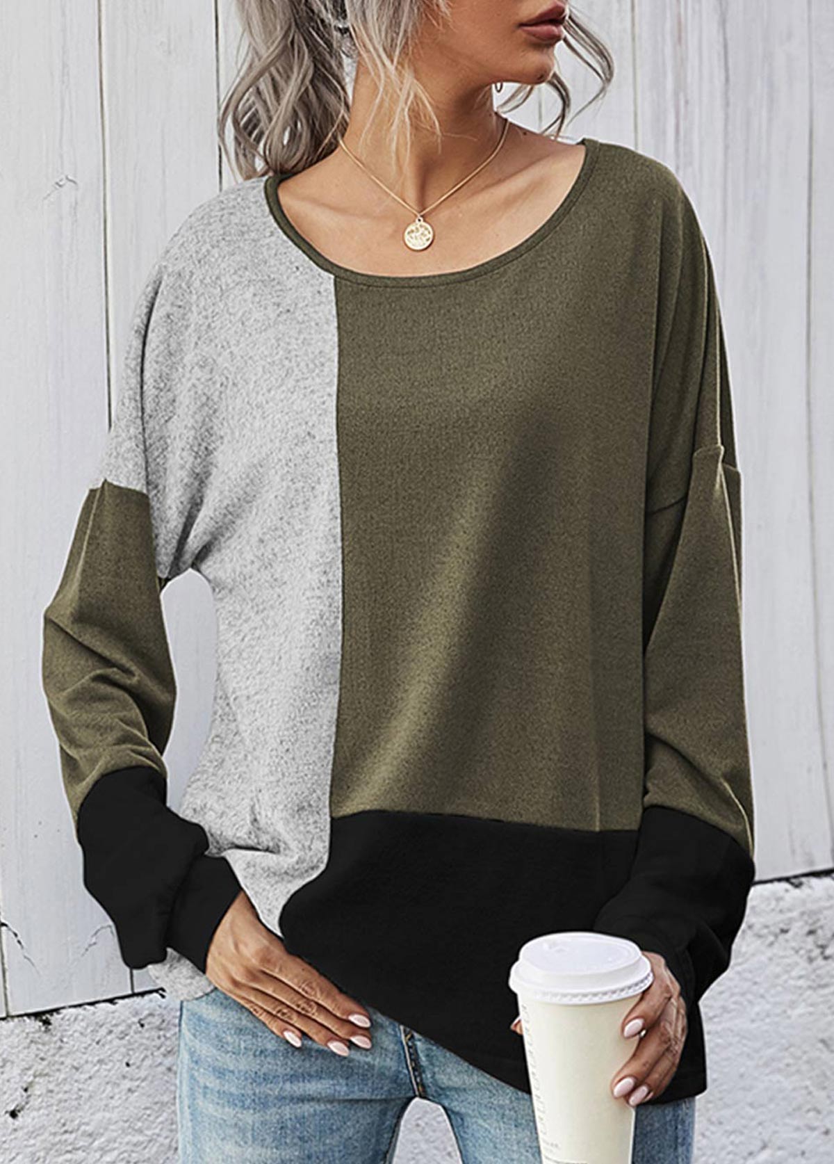 Green tops,Contrast Color tops,Round Neck Contrast Long Sleeve T Shirt