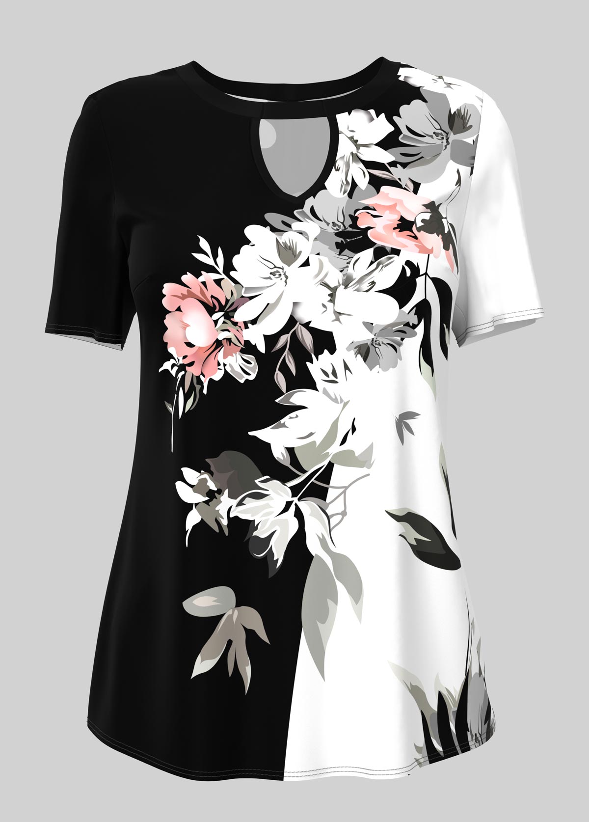 ROTITA Cutout Floral Print Short Sleeve T Shirt