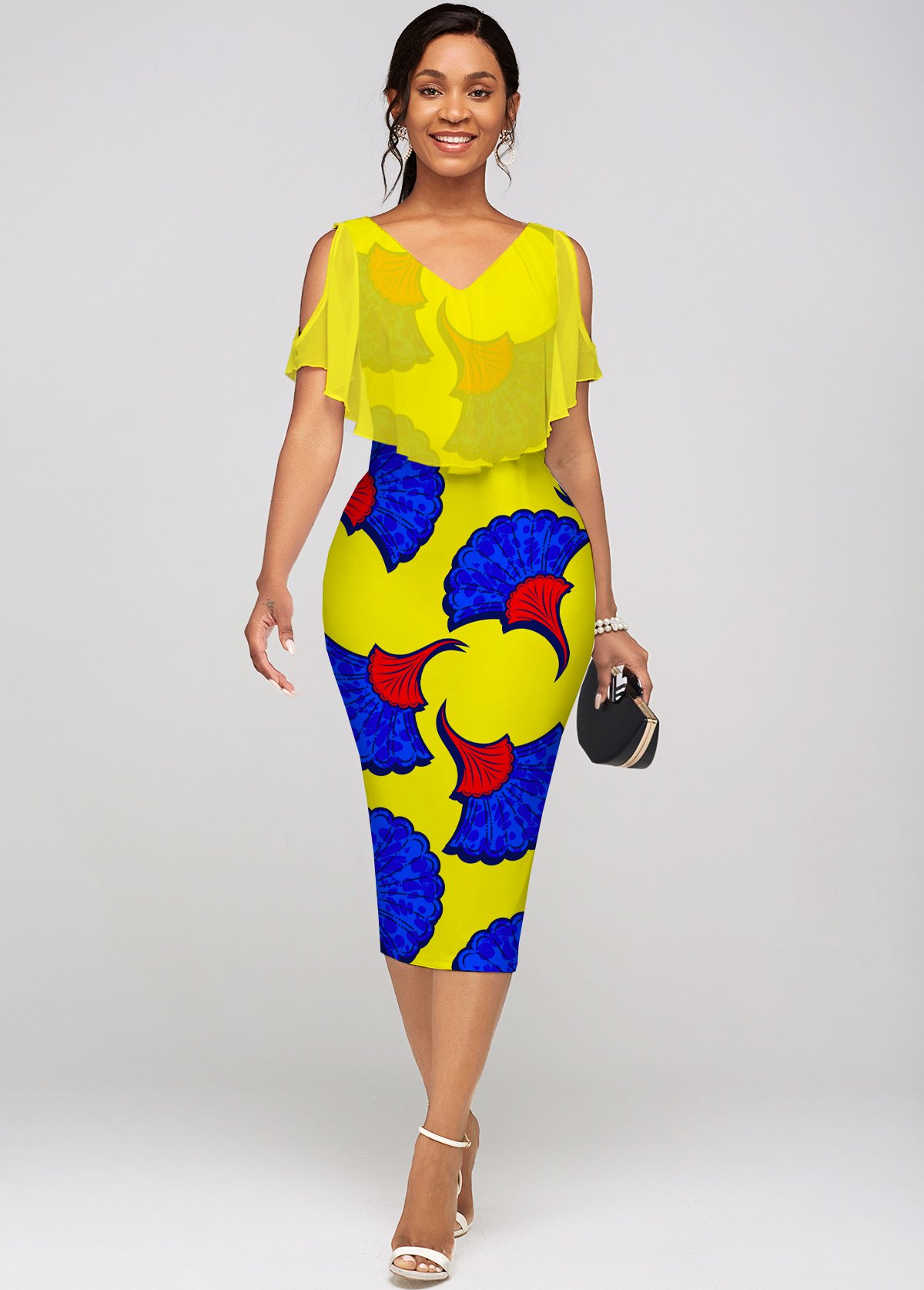Yellow dresses,Floral dresses,ROTITA Printed Chiffon Cape V Neck Dress