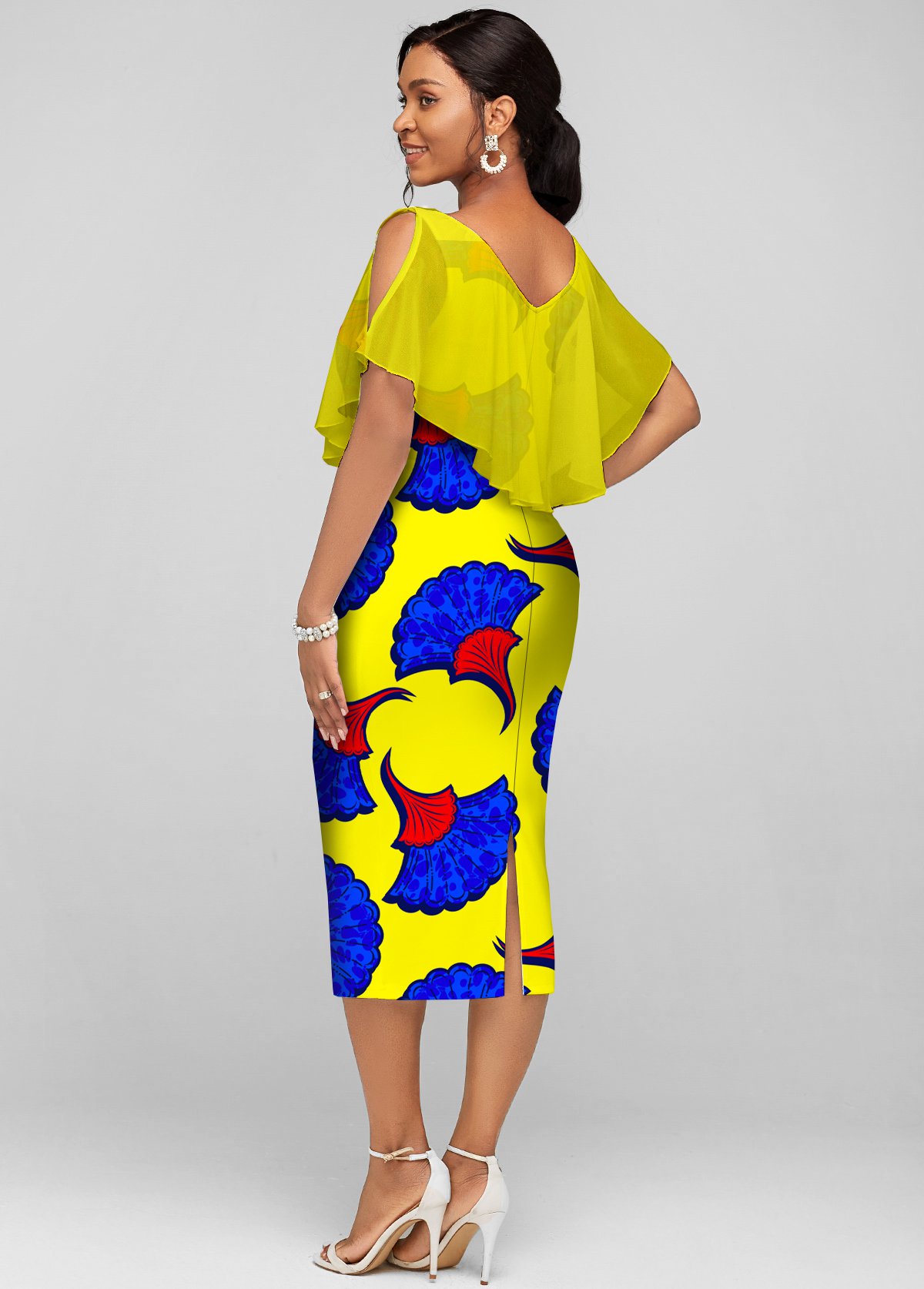Yellow dresses,Floral dresses,ROTITA Printed Chiffon Cape V Neck Dress