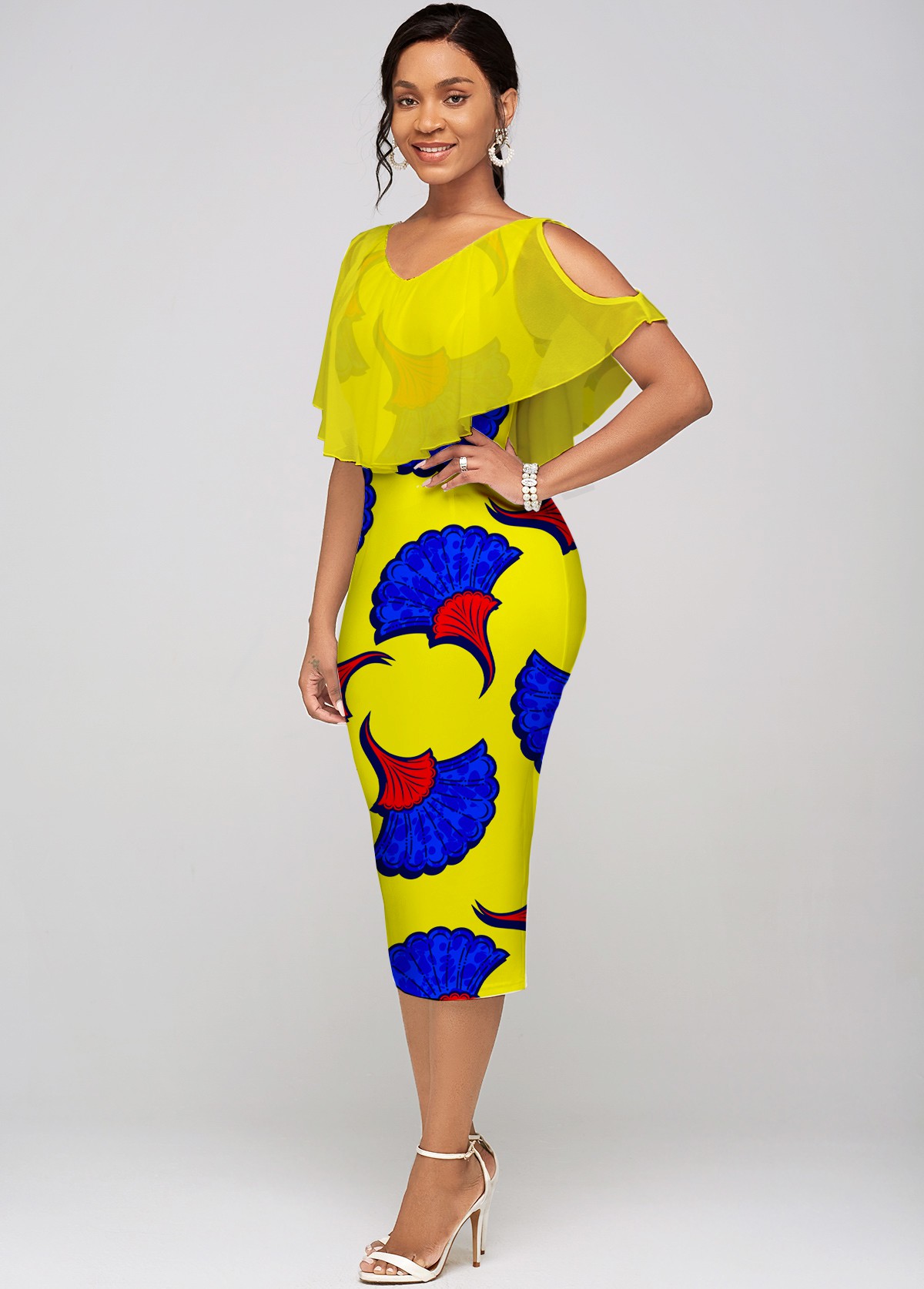 Yellow dresses,Floral dresses,ROTITA Printed Chiffon Cape V Neck Dress