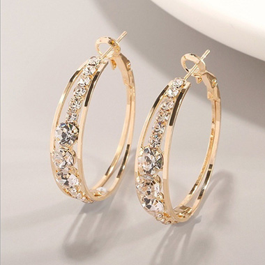 Gold jewelry,Circle Design Rhinestone Metal Detail Earrings