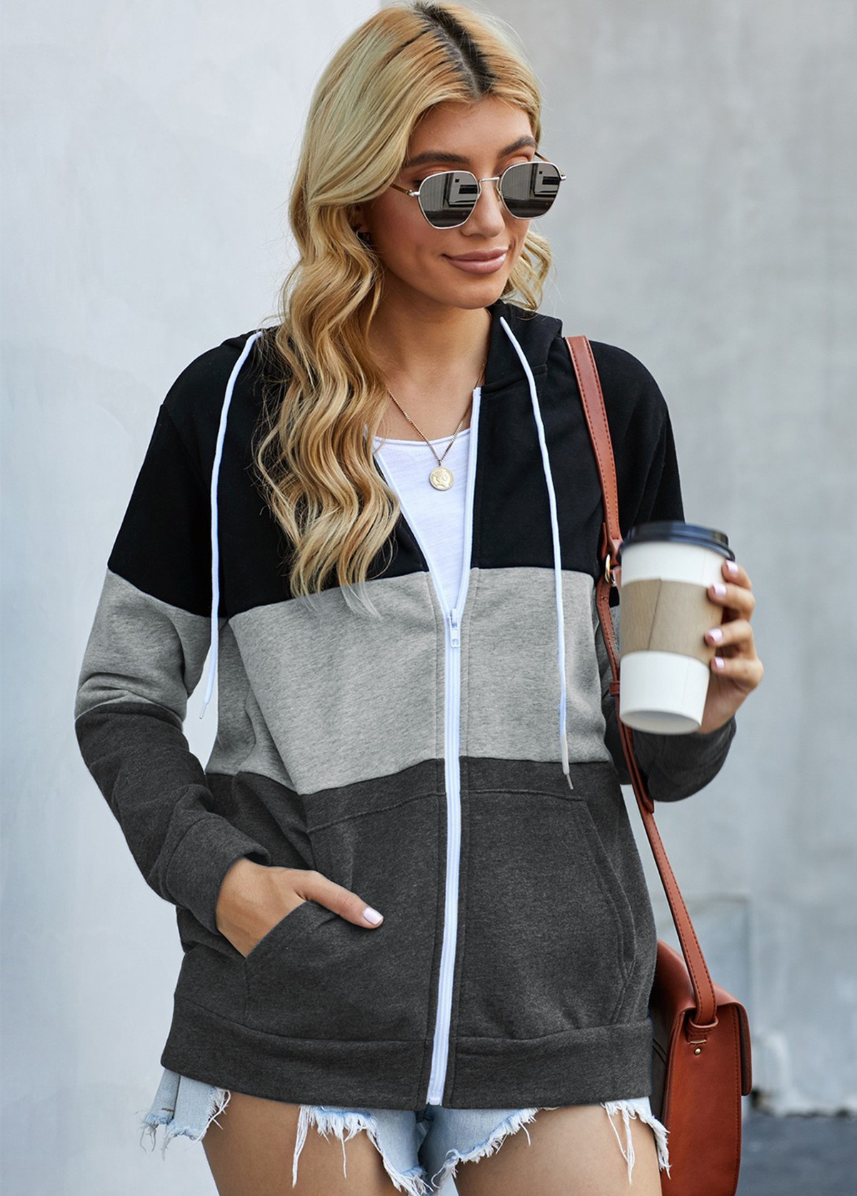 Black tops,Contrast Color tops,Drawstring Detail Contrast Zipper Closure Hoodie