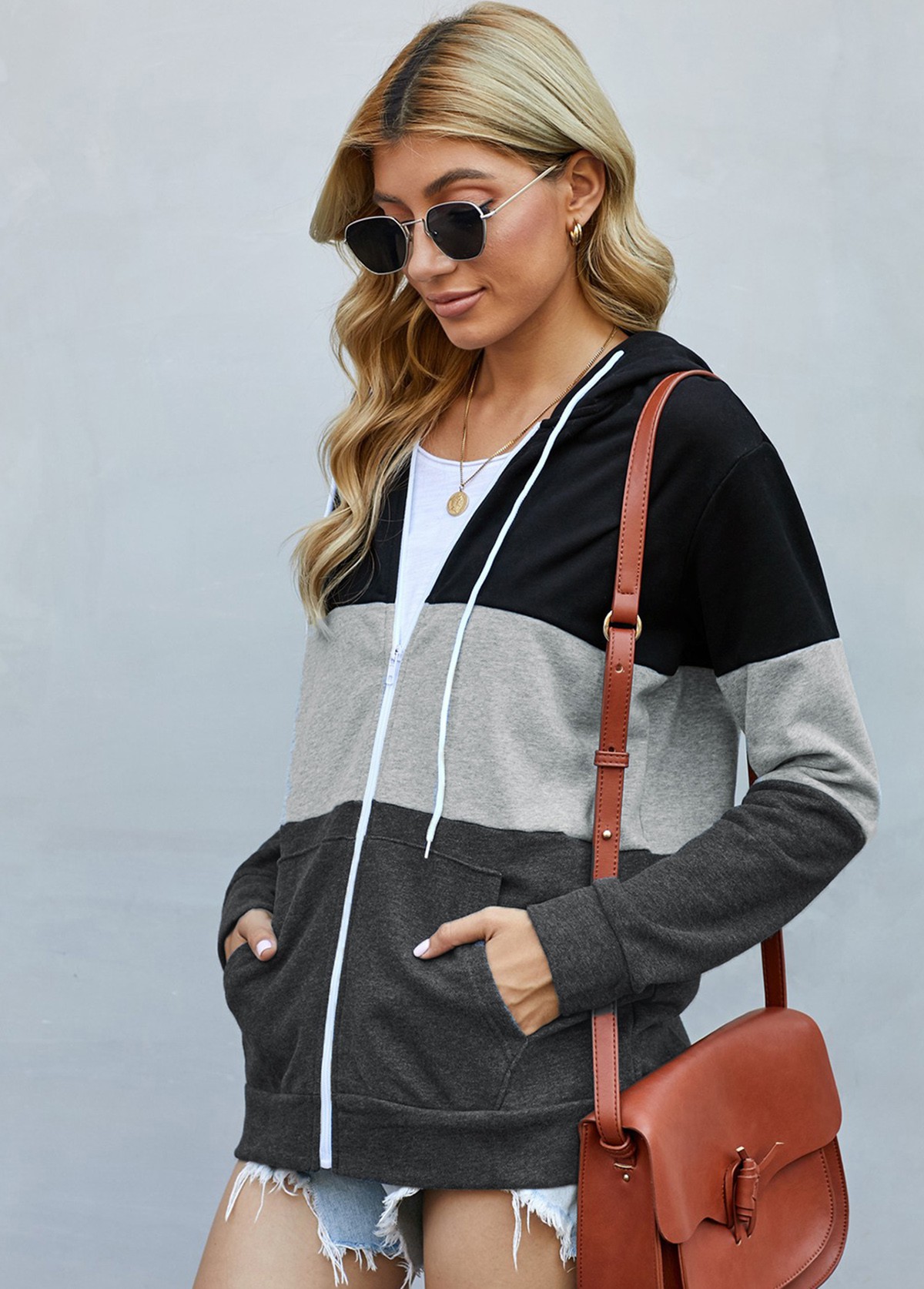 Black tops,Contrast Color tops,Drawstring Detail Contrast Zipper Closure Hoodie