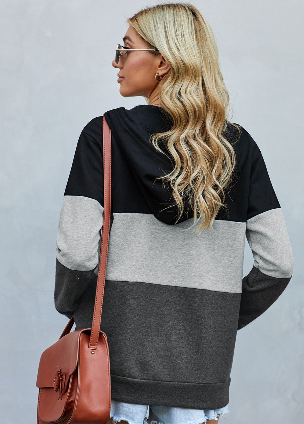 Black tops,Contrast Color tops,Drawstring Detail Contrast Zipper Closure Hoodie