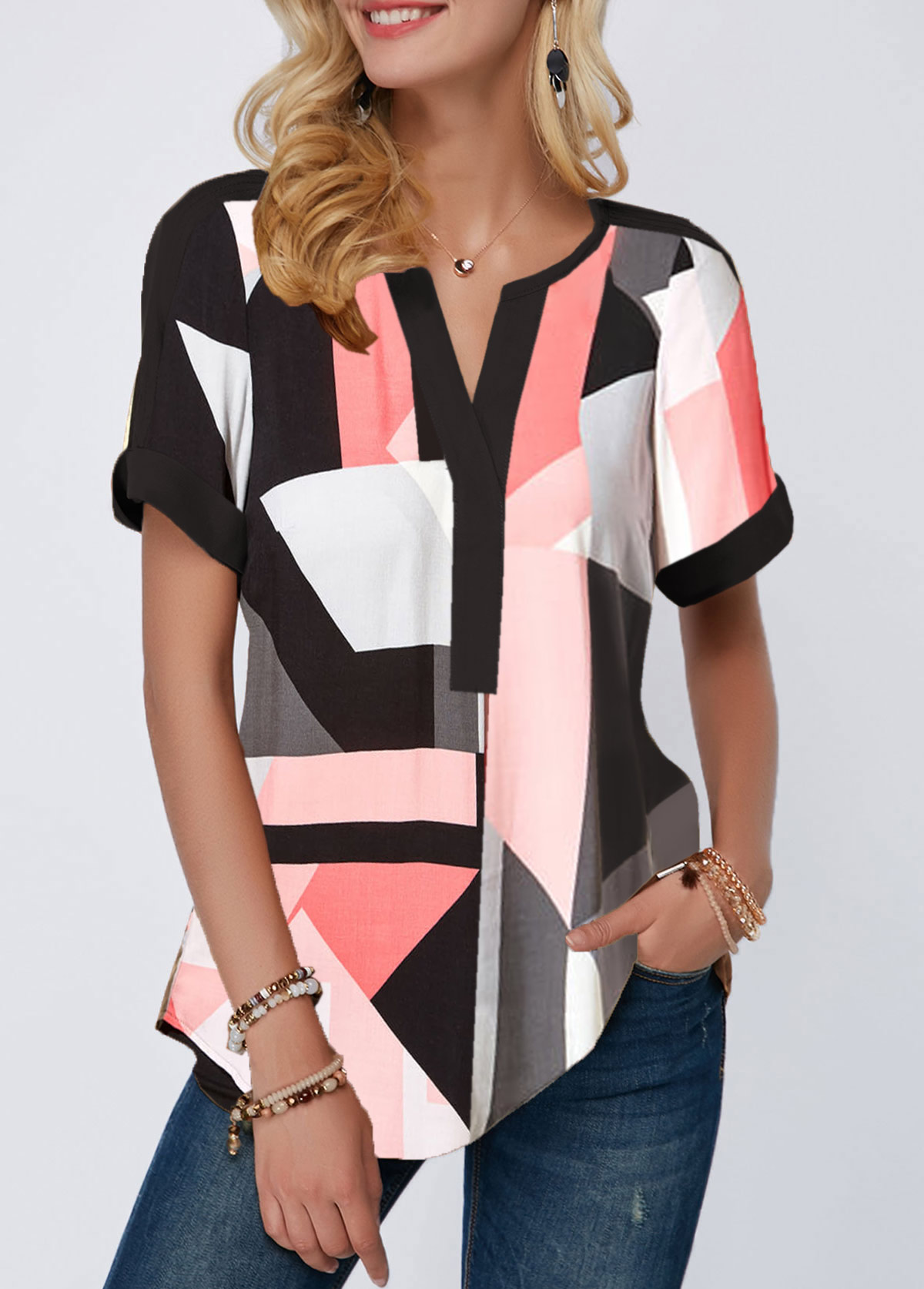 ROTITA Split Neck Geometric Print Short Sleeve Blouse | Rotita.com ...