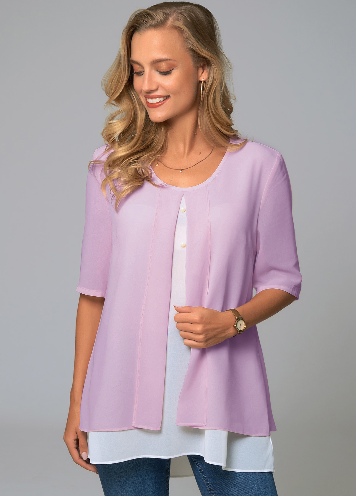 ROTITA Round Neck Faux Two Piece Decorative Button Blouse