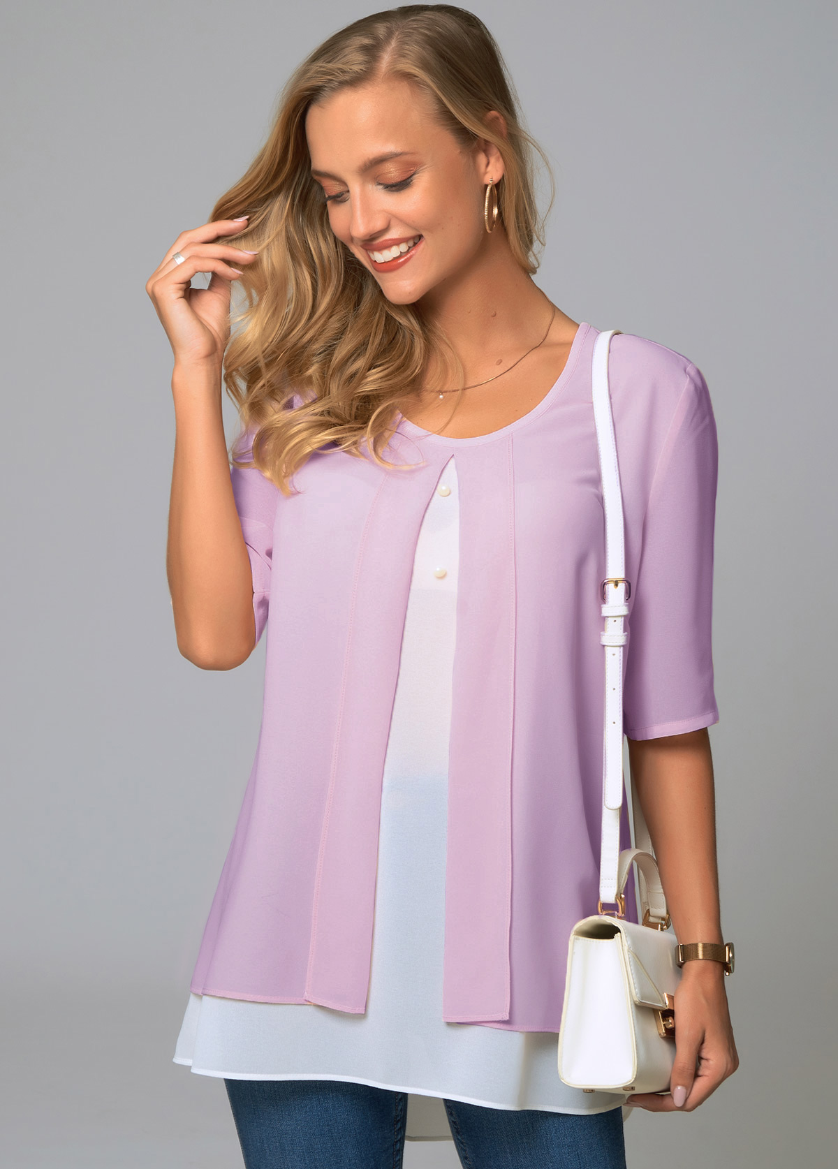 Purple tops,Contrast Color tops,ROTITA Round Neck Faux Two Piece Decorative Button Blouse