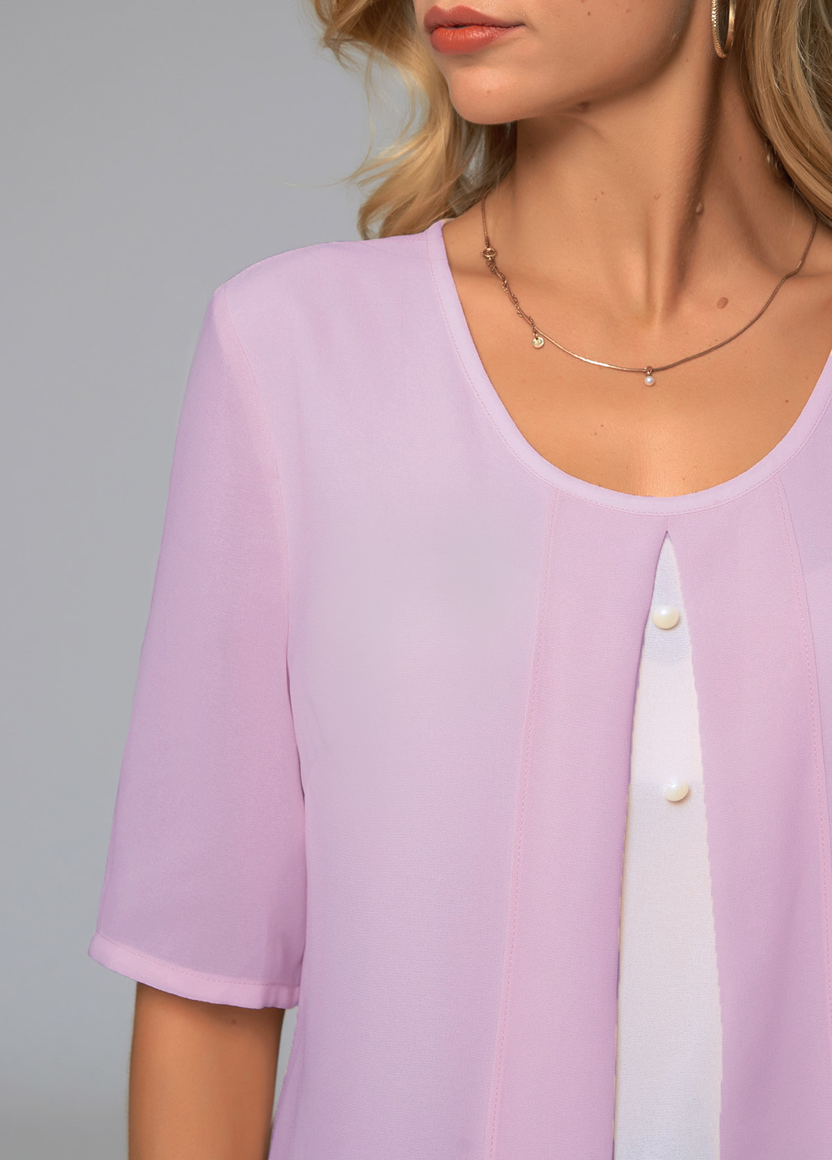 Purple tops,Contrast Color tops,ROTITA Round Neck Faux Two Piece Decorative Button Blouse