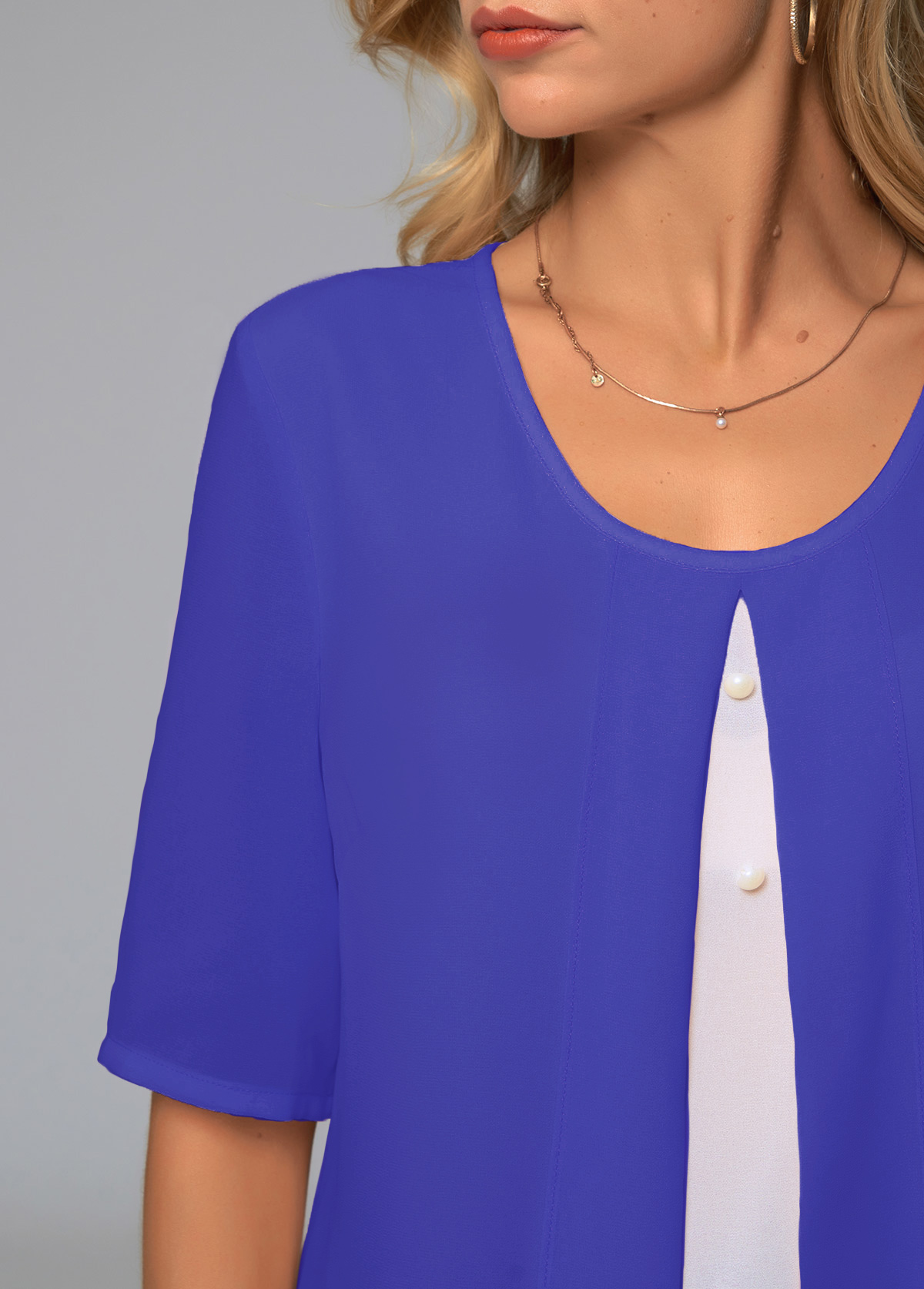 Royal Blue tops,Contrast Color tops,ROTITA Round Neck Faux Two Piece Decorative Button Blouse