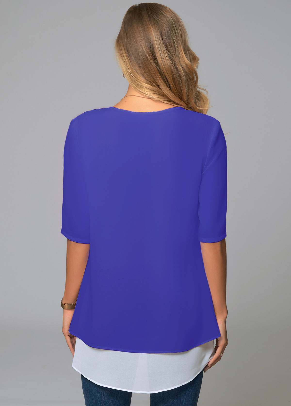 Royal Blue tops,Contrast Color tops,ROTITA Round Neck Faux Two Piece Decorative Button Blouse