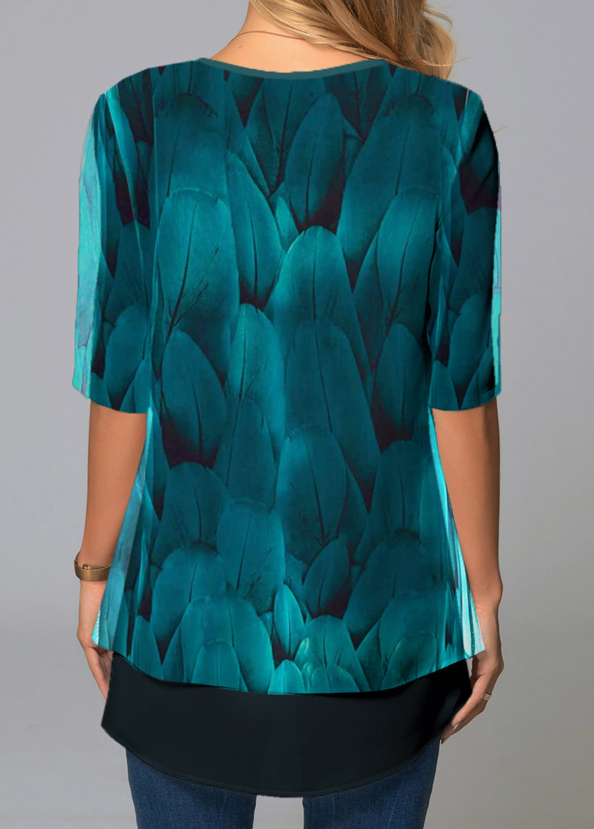 Cyan tops,Tribal tops,ROTITA Chiffon Feathers Print Round Neck Blouse
