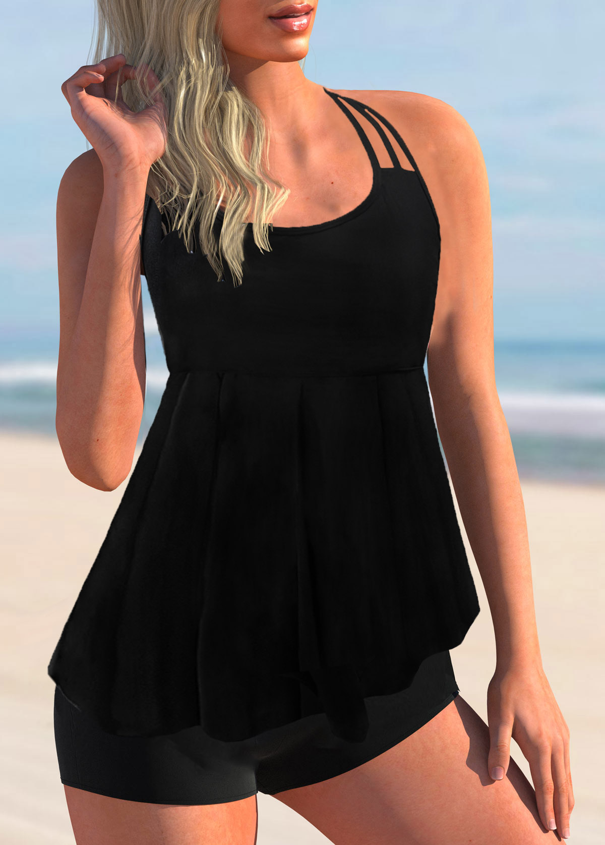 Black swimwear,Plain Color swimwear,ROTITA Halter Tie Back Solid Tankini Set