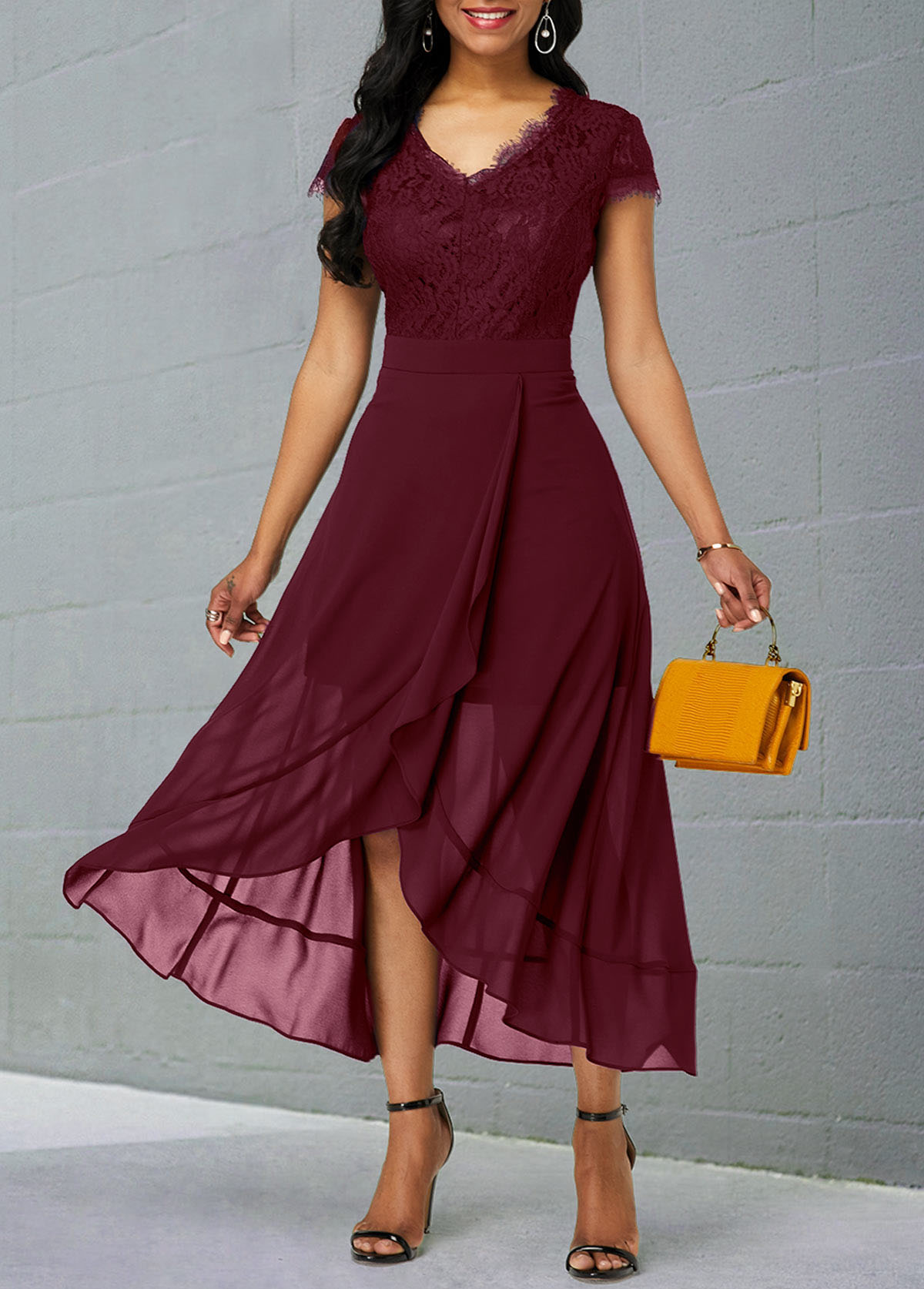 ROTITA Lace Patchwork Chiffon Short Sleeve Dress