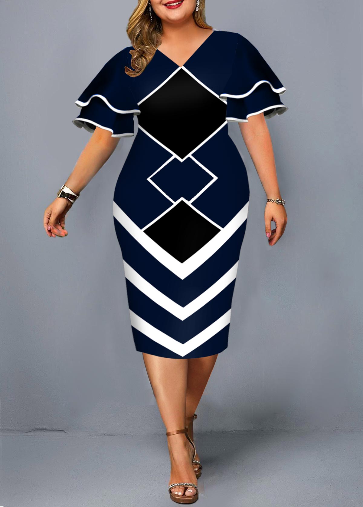 ROTITA Plus Size Geometric Print Short 