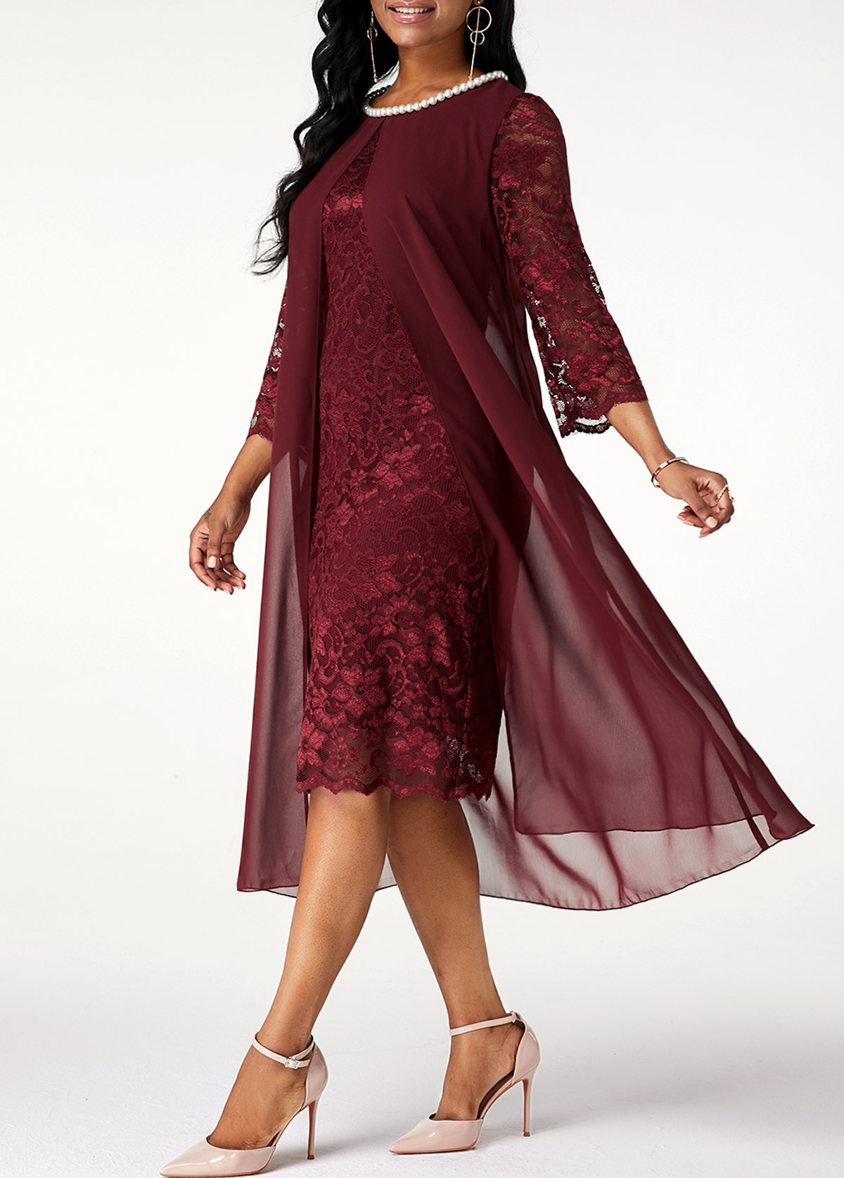 ROTITA Lace Stitching Chiffon Pearl 3/4 Sleeve Dress | Rotita.com - USD ...