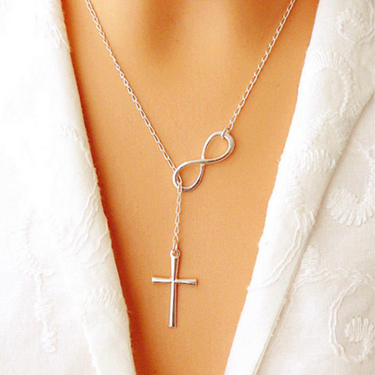 Metal Detail Silver Cross Pendant Necklace