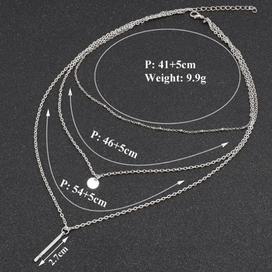 Silvery White jewelry,Layered Design Silver Metal Bar Pendant Necklace