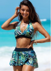 Green swimwear,Plants swimwear,ROTITA Tropical Print High Waisted Halter Bikini Set