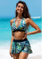 Green swimwear,Plants swimwear,ROTITA Tropical Print High Waisted Halter Bikini Set