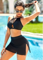 Black swimwear,Contrast Color swimwear,ROTITA Mid Waist Mesh Stitching Cutout Bikini Set