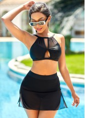 Black swimwear,Contrast Color swimwear,ROTITA Mid Waist Mesh Stitching Cutout Bikini Set