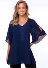 Navy tops,Plain Color tops,ROTITA Embellished Neck Solid Cold Shoulder T Shirt