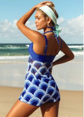 Blue swimwear,Geometric swimwear,ROTITA Halter Geometric Print Tie Back Tankini Set