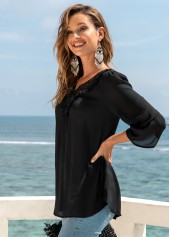 Black tops,Plain Color tops,ROTITA 3/4 Sleeve Lace Stitching Split Neck Blouse