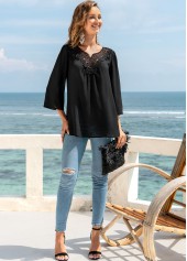 Black tops,Plain Color tops,ROTITA 3/4 Sleeve Lace Stitching Split Neck Blouse