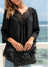 Black tops,Plain Color tops,ROTITA 3/4 Sleeve Lace Stitching Split Neck Blouse