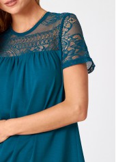 Green tops,Plain Color tops,ROTITA Lace Patchwork Solid Short Sleeve T Shirt