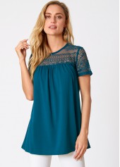 Green tops,Plain Color tops,ROTITA Lace Patchwork Solid Short Sleeve T Shirt