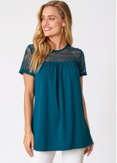 ROTITA Lace Patchwork Solid Short Sleeve T Shirt