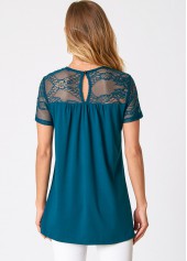 Green tops,Plain Color tops,ROTITA Lace Patchwork Solid Short Sleeve T Shirt