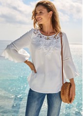 ROTITA Lace Stitching Solid Flare Sleeve T Shirt