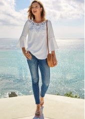 White tops,Plain Color tops,ROTITA Lace Stitching Solid Flare Sleeve T Shirt