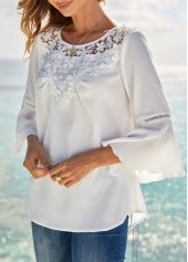 White tops,Plain Color tops,ROTITA Lace Stitching Solid Flare Sleeve T Shirt