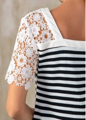 White tops,Striped tops,ROTITA Lace Patchwork V Neck Striped Short Sleeve T Shirt