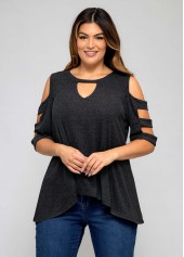 Light Grey Marl plus size,Plain Color plus size,ROTITA Plus Size Solid Ladder Cutout T Shirt