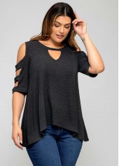 Light Grey Marl plus size,Plain Color plus size,ROTITA Plus Size Solid Ladder Cutout T Shirt