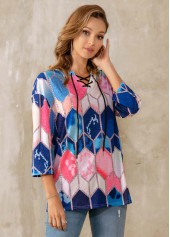 Multi Color tops,Rainbow Color tops,Geometric tops,ROTITA Geometric Print Lace Up 3/4 Sleeve T Shirt